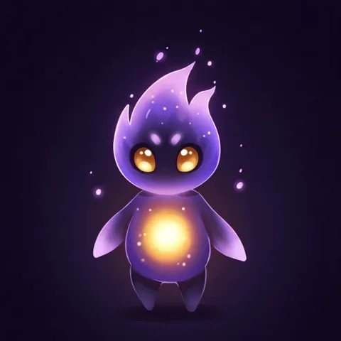 Glim the ember-spirit, a small violet flame with a warm golden core, glowing contentedly