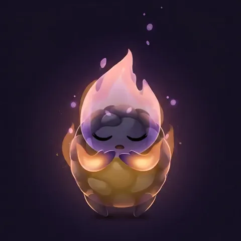 Glim curled up asleep as a softly glowing coal, cozy and content